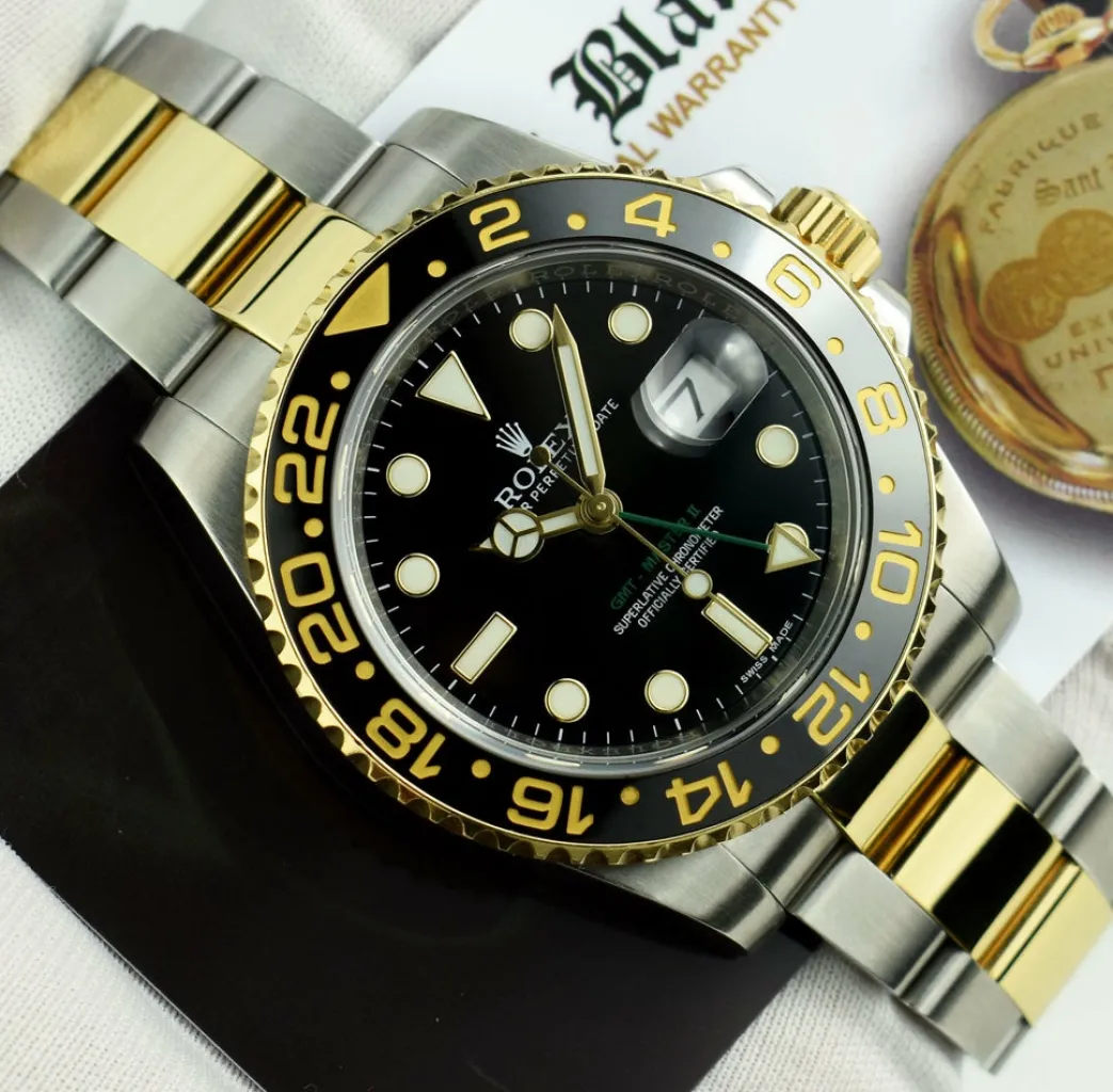 rolex_mens_kt_gold__stain_4-2.webp Men's Watches | Pilots Professional Watches | Sant Blanc ROLEX Mens 18kt Gold & Stainless Steel GMT Master II Black Dial Model 116713