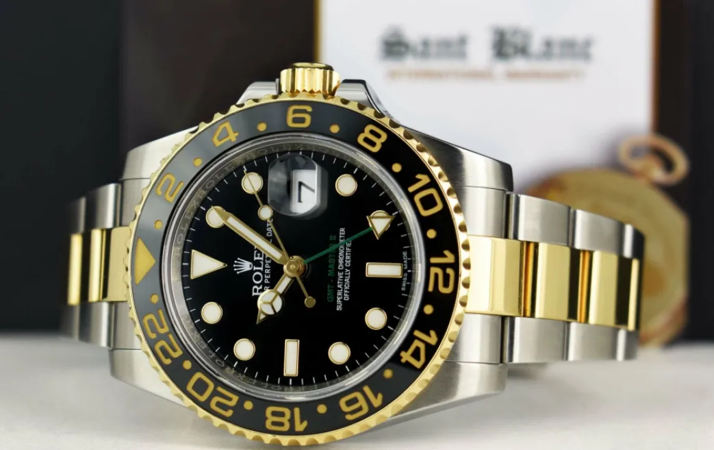 rolex_mens_kt_gold__stain_5-2.webp Men's Watches | Pilots Professional Watches | Sant Blanc ROLEX Mens 18kt Gold & Stainless Steel GMT Master II Black Dial Model 116713