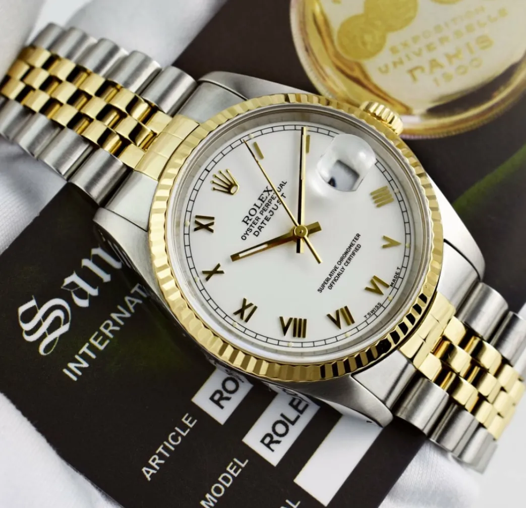 rolex_mens_kt_gold__stain_5-3.webp Men's Watches | Dress Watches | Sant Blanc ROLEX Mens 18kt Gold & Stainless Steel DateJust White Roman Box & Books Model 16233