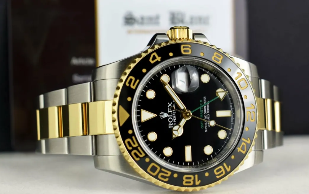 rolex_mens_kt_gold__stain_6-2.webp Men's Watches | Pilots Professional Watches | Sant Blanc ROLEX Mens 18kt Gold & Stainless Steel GMT Master II Black Dial Model 116713