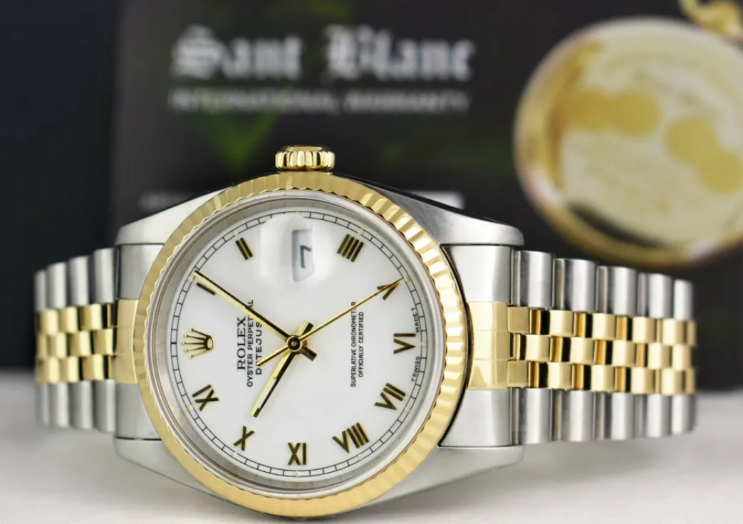 rolex_mens_kt_gold__stain_6-3.webp Men's Watches | Dress Watches | Sant Blanc ROLEX Mens 18kt Gold & Stainless Steel DateJust White Roman Box & Books Model 16233