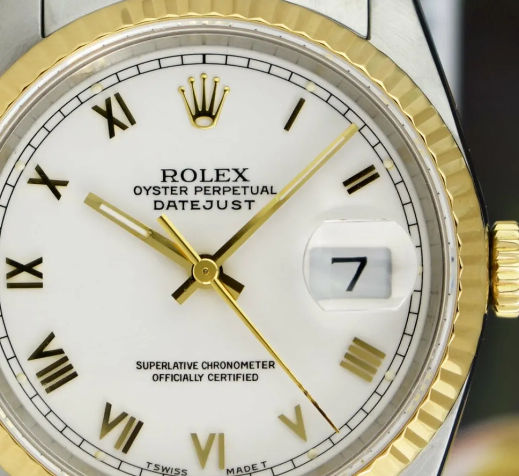 rolex_mens_kt_gold__stain_7-3.webp Men's Watches | Dress Watches | Sant Blanc ROLEX Mens 18kt Gold & Stainless Steel DateJust White Roman Box & Books Model 16233