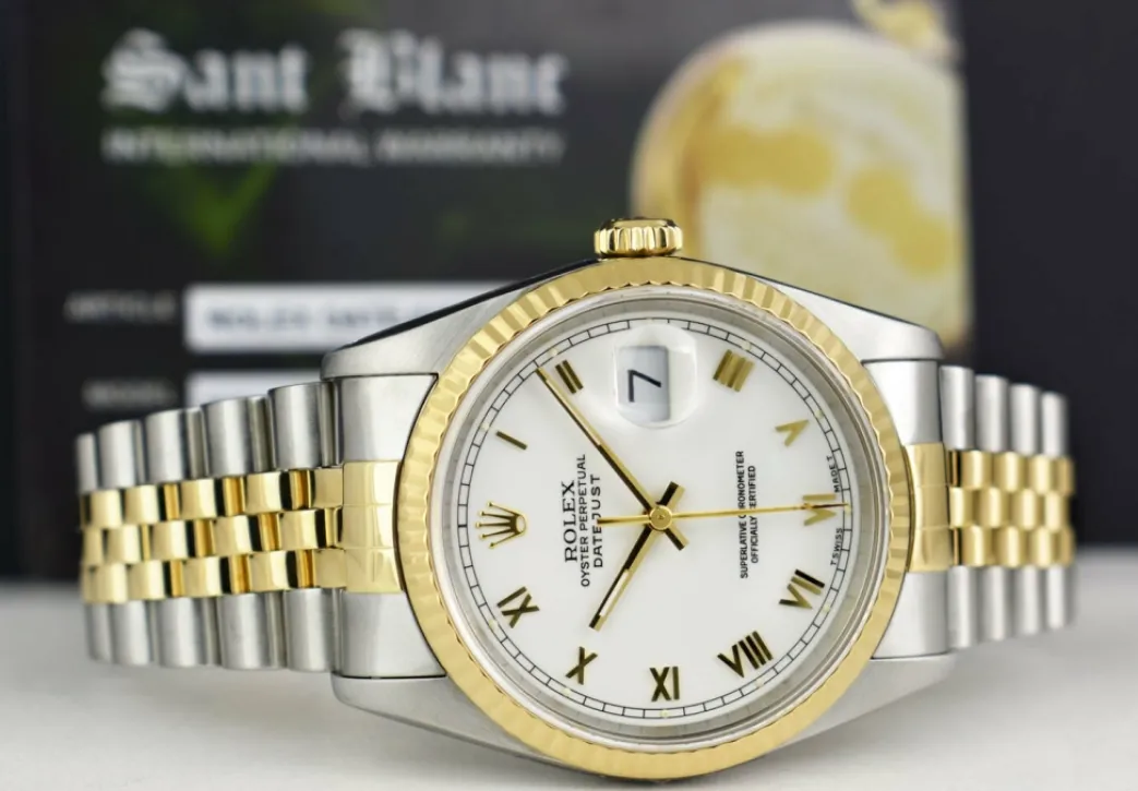 rolex_mens_kt_gold__stain_8-3.webp Men's Watches | Dress Watches | Sant Blanc ROLEX Mens 18kt Gold & Stainless Steel DateJust White Roman Box & Books Model 16233