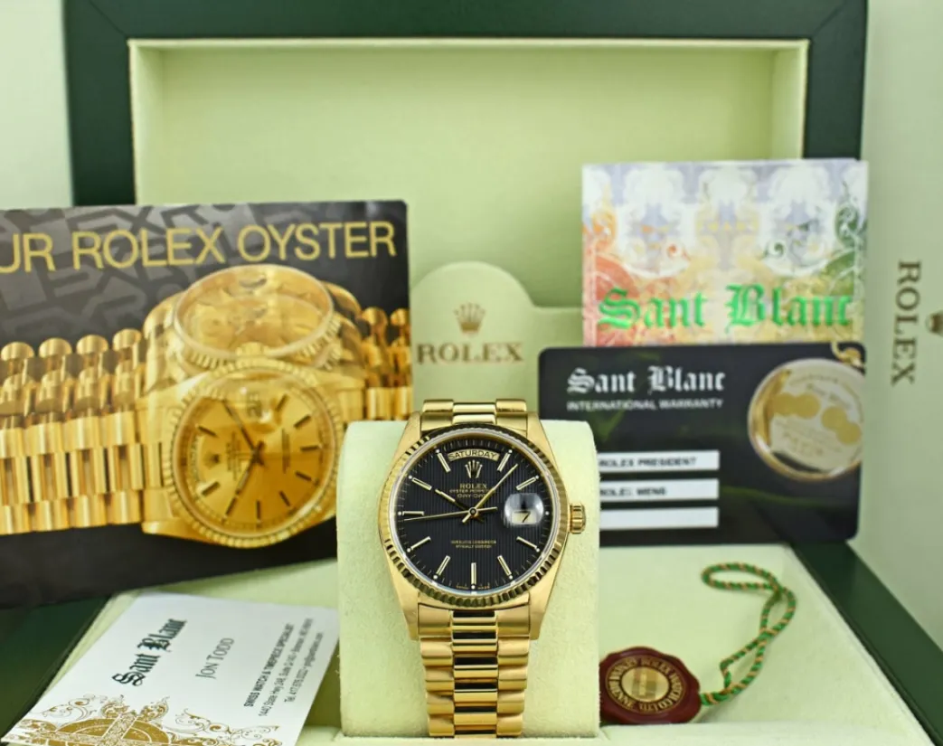 rolex_mens_kt_gold_day_da_0-2.webp Men's Watches | President Dress Watches | Sant Blanc ROLEX Mens 18kt Gold Day Date President Black Tapestry Stick Dial Model 18038