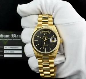 Men's Watches | President Dress Watches | Sant Blanc ROLEX Mens 18kt Gold Day Date President Black Tapestry Stick Dial Model 18038