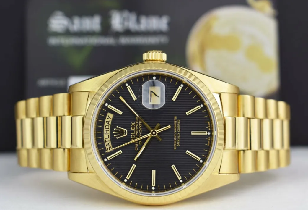 rolex_mens_kt_gold_day_da_2-2.webp Men's Watches | President Dress Watches | Sant Blanc ROLEX Mens 18kt Gold Day Date President Black Tapestry Stick Dial Model 18038