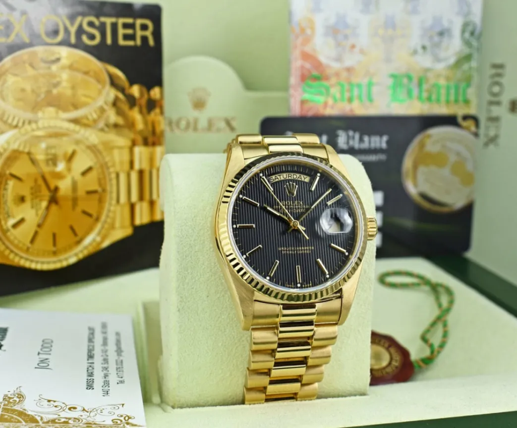 rolex_mens_kt_gold_day_da_4-2.webp Men's Watches | President Dress Watches | Sant Blanc ROLEX Mens 18kt Gold Day Date President Black Tapestry Stick Dial Model 18038