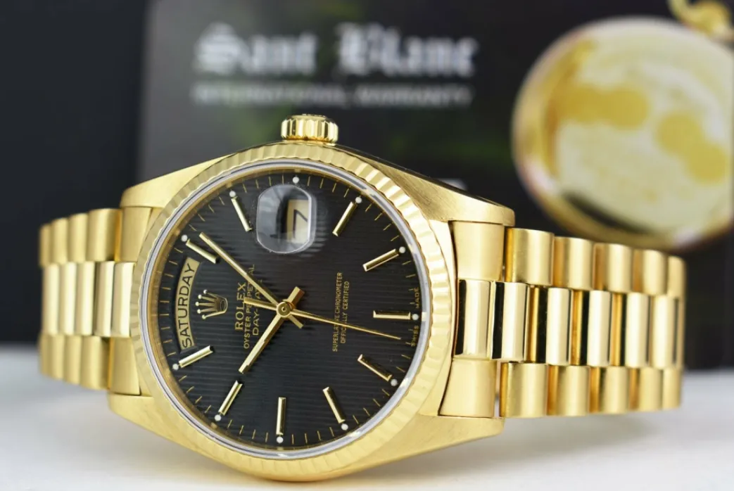 rolex_mens_kt_gold_day_da_5-2.webp Men's Watches | President Dress Watches | Sant Blanc ROLEX Mens 18kt Gold Day Date President Black Tapestry Stick Dial Model 18038
