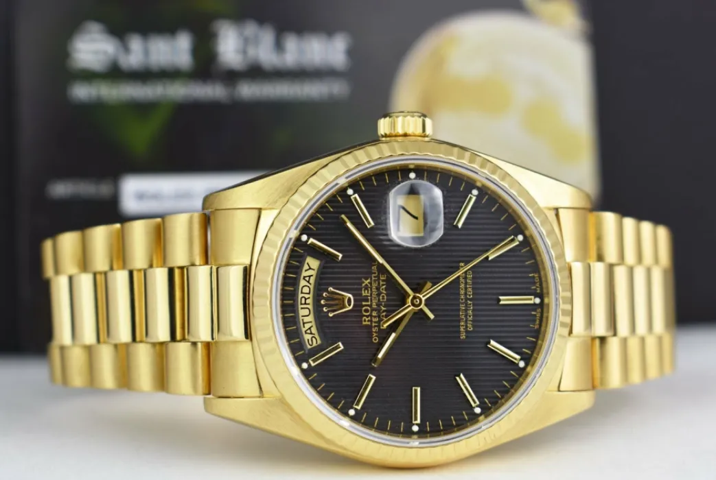 rolex_mens_kt_gold_day_da_6-2.webp Men's Watches | President Dress Watches | Sant Blanc ROLEX Mens 18kt Gold Day Date President Black Tapestry Stick Dial Model 18038