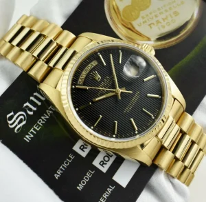 Men's Watches | President Dress Watches | Sant Blanc ROLEX Mens 18kt Gold Day Date President Black Tapestry Stick Dial Model 18038
