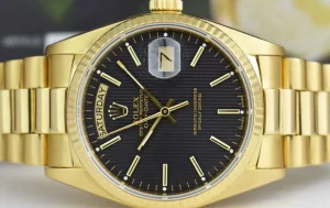 Men's Watches | President Dress Watches | Sant Blanc ROLEX Mens 18kt Gold Day Date President Black Tapestry Stick Dial Model 18038