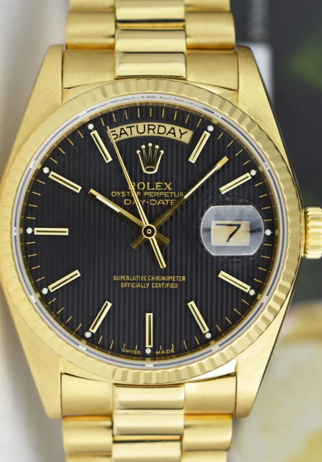 rolex_mens_kt_gold_day_da_9-1.webp Men's Watches | President Dress Watches | Sant Blanc ROLEX Mens 18kt Gold Day Date President Black Tapestry Stick Dial Model 18038