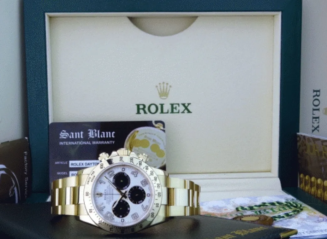 rolex_mens_kt_gold_dayton_0.webp Men's Watches | Racing Professional Watches | Sant Blanc ROLEX Mens 18kt Gold Daytona White Panda Arabic Dial Fat Buckle Model 116528