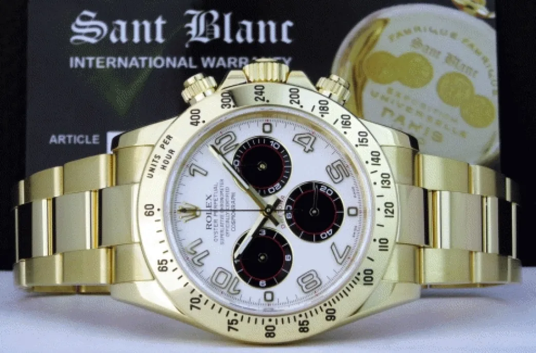 rolex_mens_kt_gold_dayton_2.webp Men's Watches | Racing Professional Watches | Sant Blanc ROLEX Mens 18kt Gold Daytona White Panda Arabic Dial Fat Buckle Model 116528