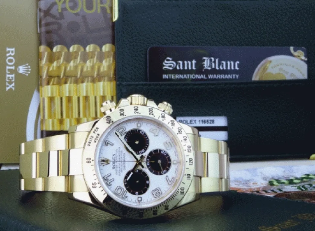rolex_mens_kt_gold_dayton_4.webp Men's Watches | Racing Professional Watches | Sant Blanc ROLEX Mens 18kt Gold Daytona White Panda Arabic Dial Fat Buckle Model 116528