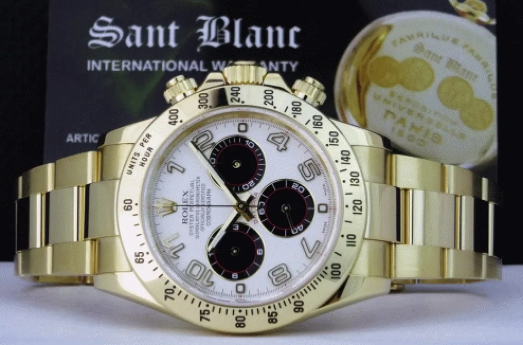 rolex_mens_kt_gold_dayton_5.webp Men's Watches | Racing Professional Watches | Sant Blanc ROLEX Mens 18kt Gold Daytona White Panda Arabic Dial Fat Buckle Model 116528