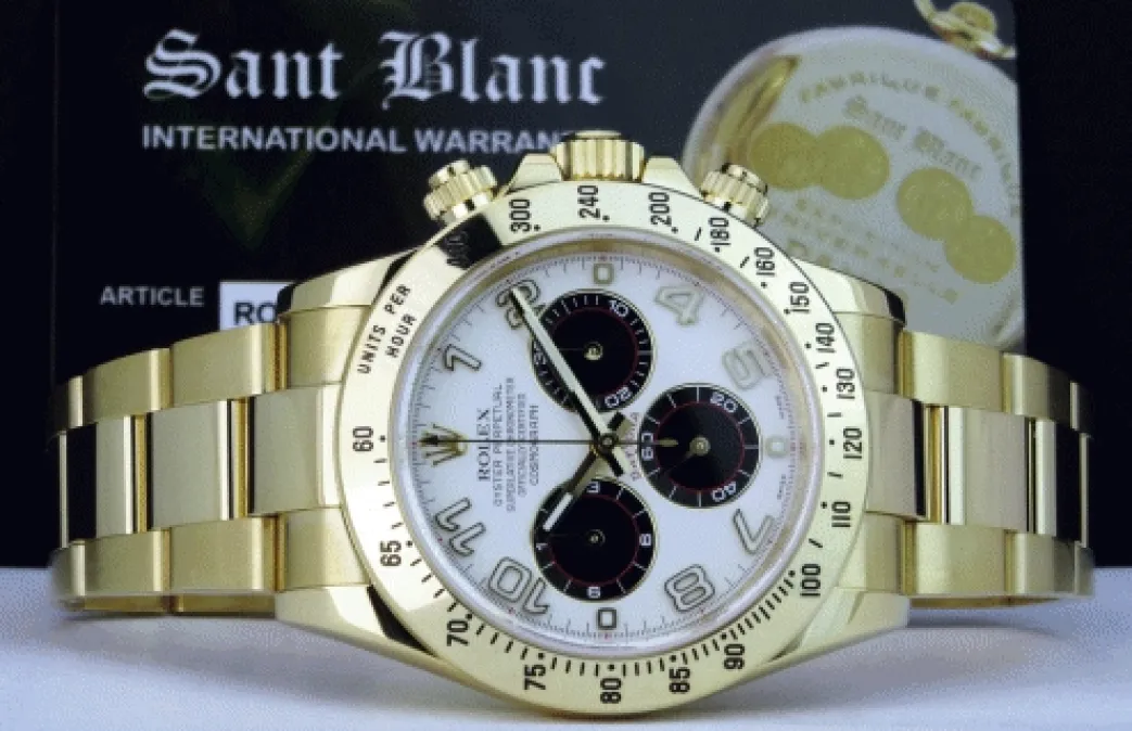 rolex_mens_kt_gold_dayton_6.webp Men's Watches | Racing Professional Watches | Sant Blanc ROLEX Mens 18kt Gold Daytona White Panda Arabic Dial Fat Buckle Model 116528