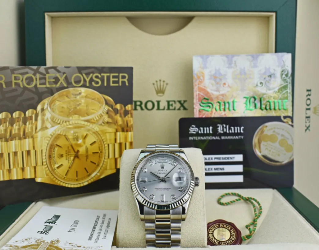 rolex_mens_kt_white_gold__0-1.webp President Dress Watches | Sant Blanc ROLEX Mens 18kt White Gold DayDate President Silver Diamond Dial Model 118239