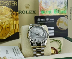 President Dress Watches | Sant Blanc ROLEX Mens 18kt White Gold DayDate President Silver Diamond Dial Model 118239