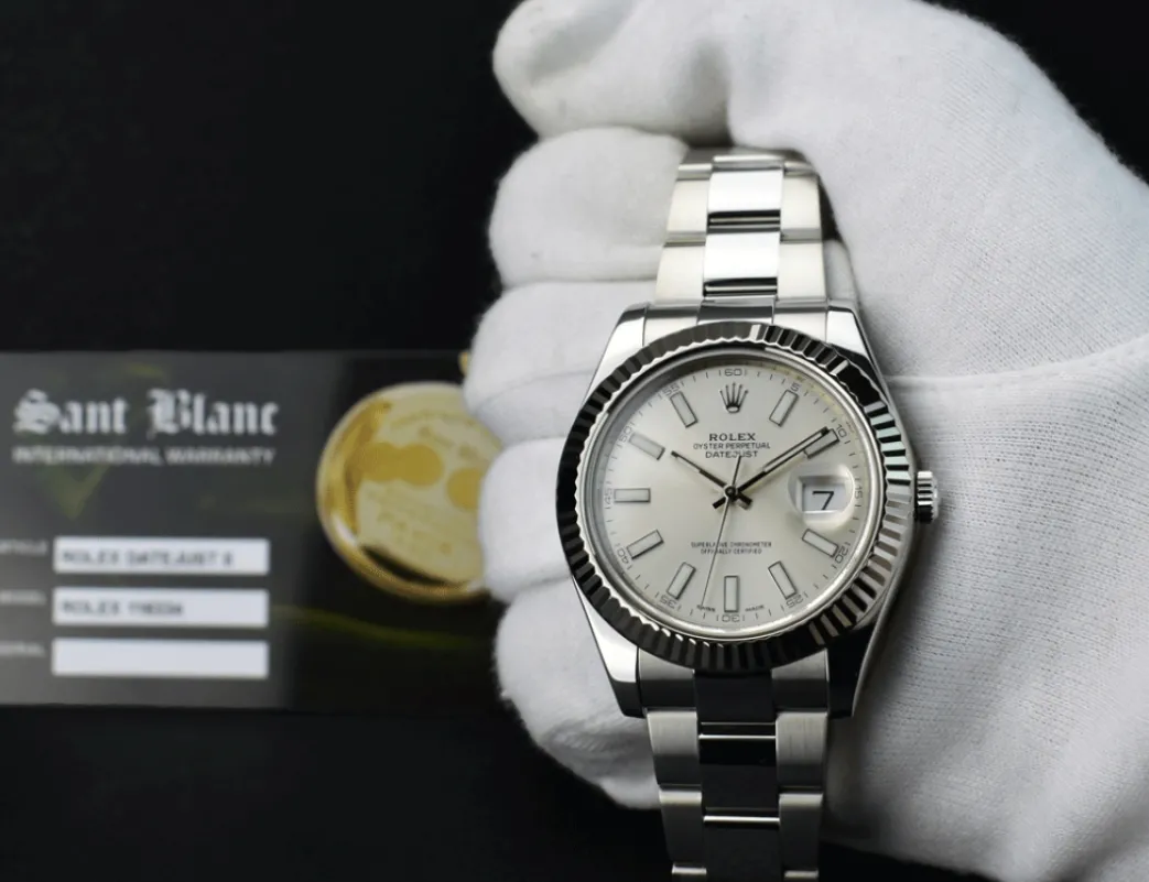 rolex_mens_kt_white_gold__1.webp Dress Watches | Men's Watches | Sant Blanc ROLEX Mens 18kt White Gold & Stainless Steel DateJust II Silver Index Dial Model 116334