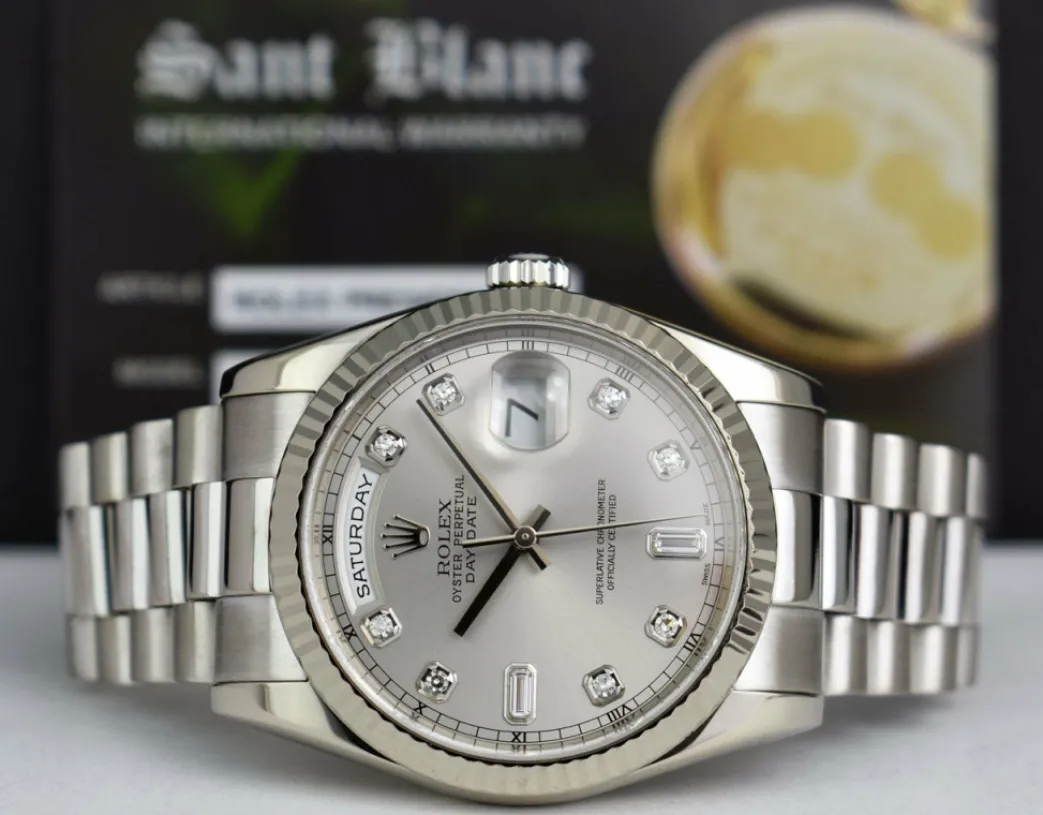 rolex_mens_kt_white_gold__2-1.webp President Dress Watches | Sant Blanc ROLEX Mens 18kt White Gold DayDate President Silver Diamond Dial Model 118239