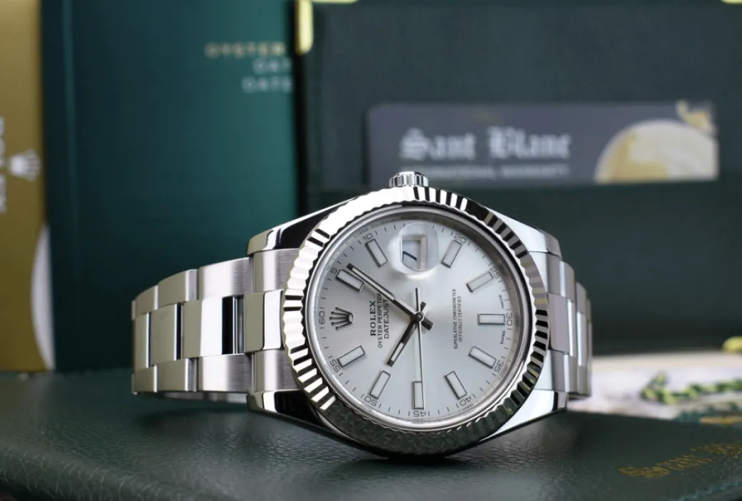 rolex_mens_kt_white_gold__2.webp Dress Watches | Men's Watches | Sant Blanc ROLEX Mens 18kt White Gold & Stainless Steel DateJust II Silver Index Dial Model 116334