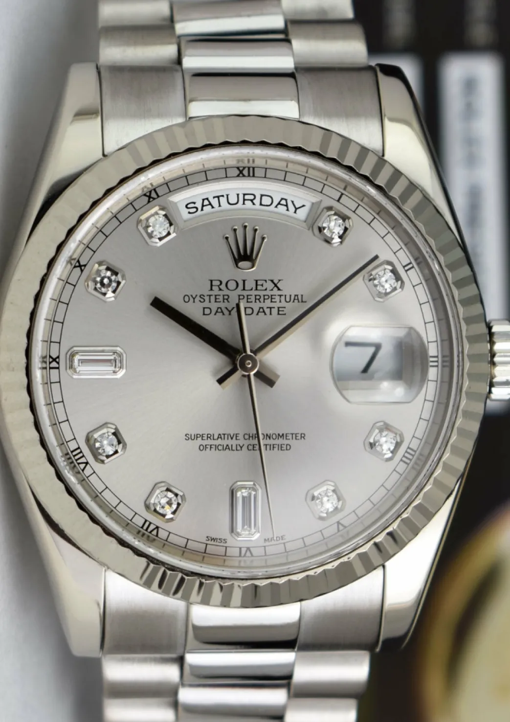 rolex_mens_kt_white_gold__3-1.webp President Dress Watches | Sant Blanc ROLEX Mens 18kt White Gold DayDate President Silver Diamond Dial Model 118239