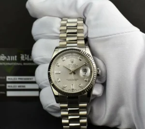President Dress Watches | Sant Blanc ROLEX Mens 18kt White Gold DayDate President Silver Diamond Dial Model 118239
