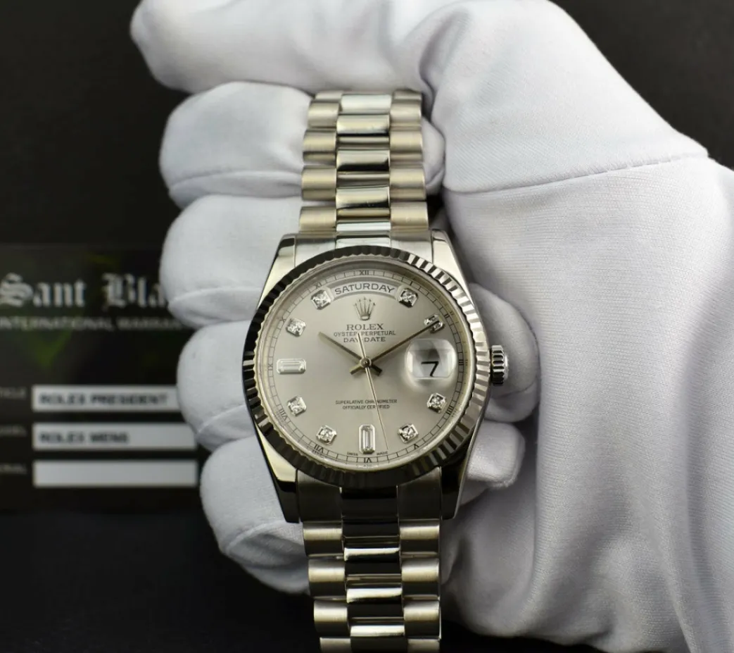rolex_mens_kt_white_gold__4-1.webp President Dress Watches | Sant Blanc ROLEX Mens 18kt White Gold DayDate President Silver Diamond Dial Model 118239