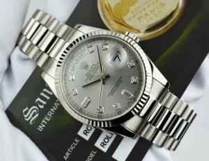 President Dress Watches | Sant Blanc ROLEX Mens 18kt White Gold DayDate President Silver Diamond Dial Model 118239