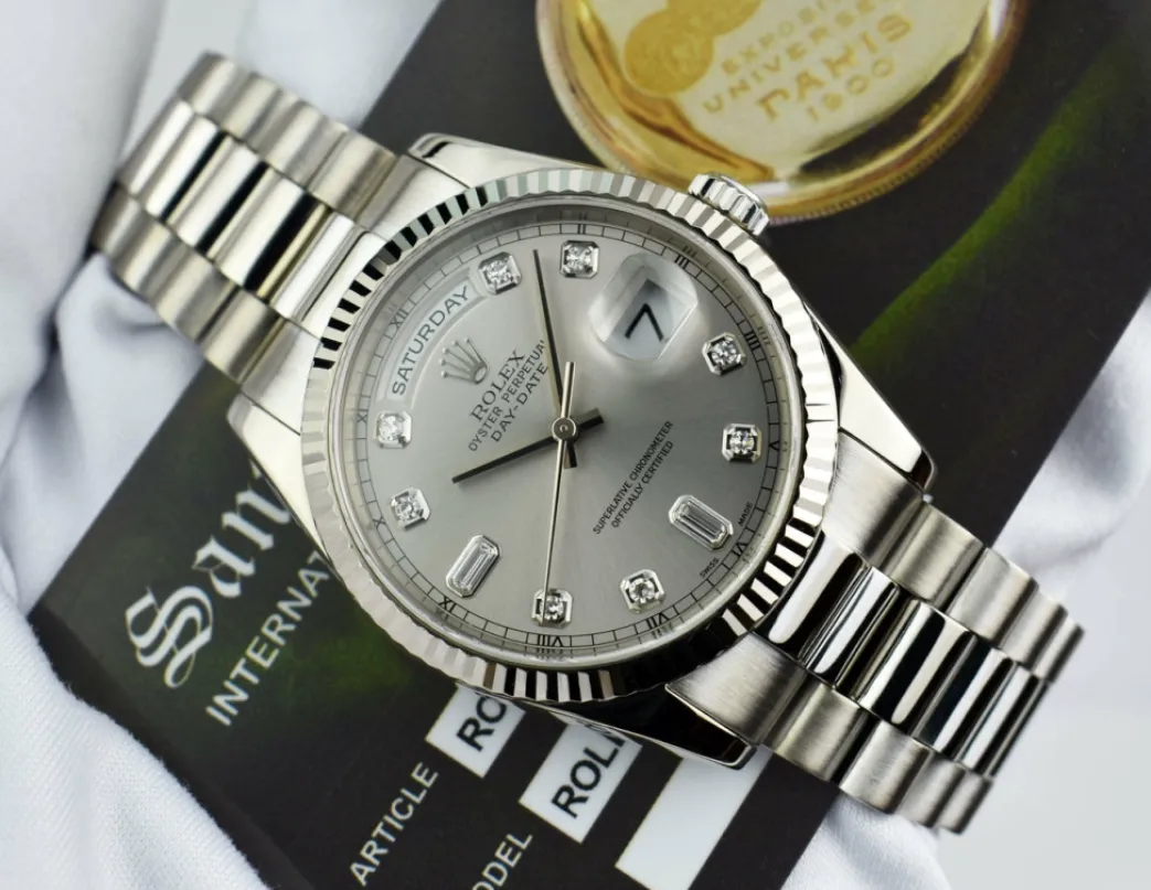 rolex_mens_kt_white_gold__5-1.webp President Dress Watches | Sant Blanc ROLEX Mens 18kt White Gold DayDate President Silver Diamond Dial Model 118239