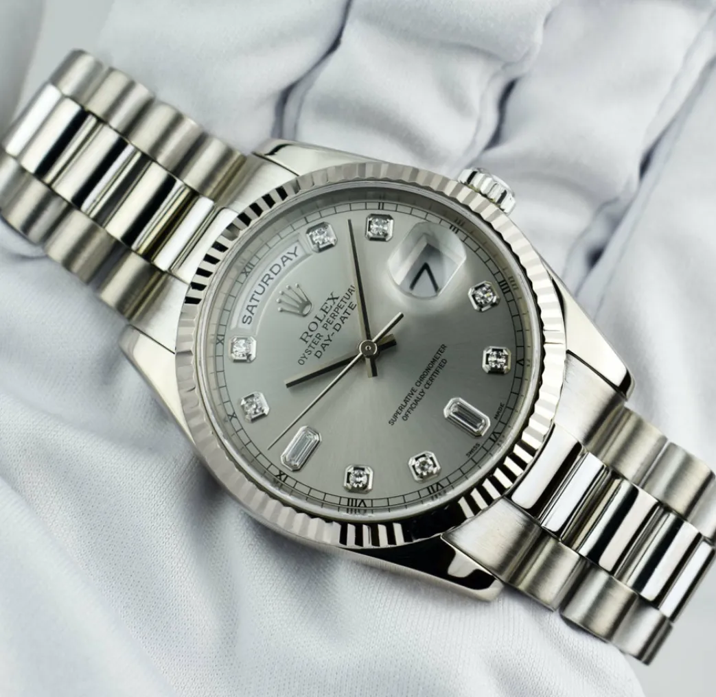 rolex_mens_kt_white_gold__6-1.webp President Dress Watches | Sant Blanc ROLEX Mens 18kt White Gold DayDate President Silver Diamond Dial Model 118239