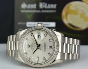 President Dress Watches | Sant Blanc ROLEX Mens 18kt White Gold DayDate President Silver Diamond Dial Model 118239