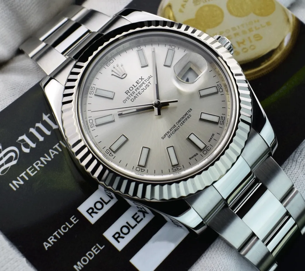 rolex_mens_kt_white_gold__6.webp Dress Watches | Men's Watches | Sant Blanc ROLEX Mens 18kt White Gold & Stainless Steel DateJust II Silver Index Dial Model 116334