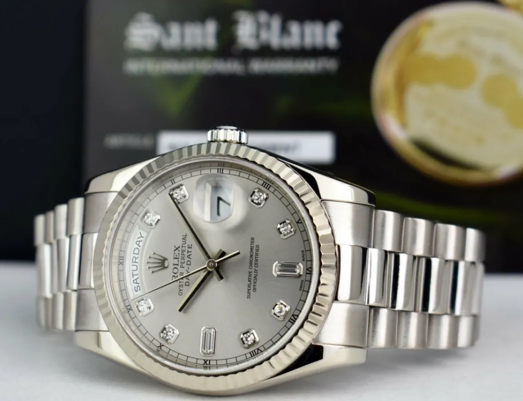 rolex_mens_kt_white_gold__7-1.webp President Dress Watches | Sant Blanc ROLEX Mens 18kt White Gold DayDate President Silver Diamond Dial Model 118239