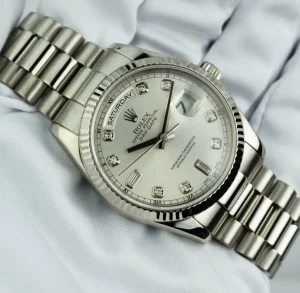 President Dress Watches | Sant Blanc ROLEX Mens 18kt White Gold DayDate President Silver Diamond Dial Model 118239