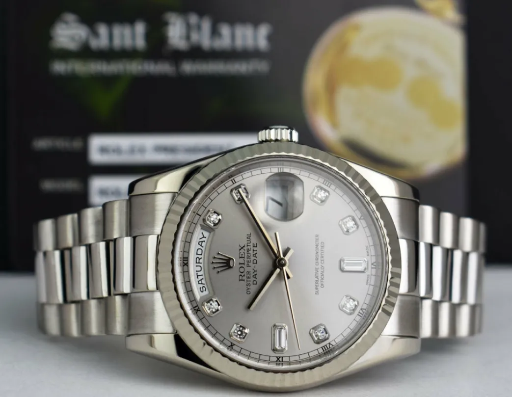 rolex_mens_kt_white_gold__9-1.webp President Dress Watches | Sant Blanc ROLEX Mens 18kt White Gold DayDate President Silver Diamond Dial Model 118239
