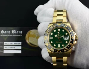 Pilots Professional Watches | Sant Blanc ROLEX Mens 18kt Yellow Gold GMT Master II Green Dial Model 116718
