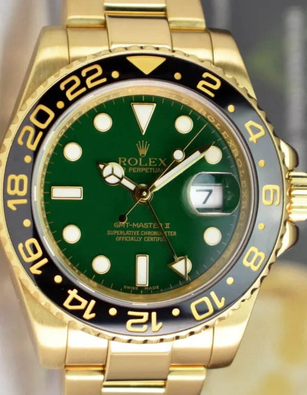 Pilots Professional Watches | Sant Blanc ROLEX Mens 18kt Yellow Gold GMT Master II Green Dial Model 116718