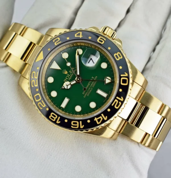 Pilots Professional Watches | Sant Blanc ROLEX Mens 18kt Yellow Gold GMT Master II Green Dial Model 116718