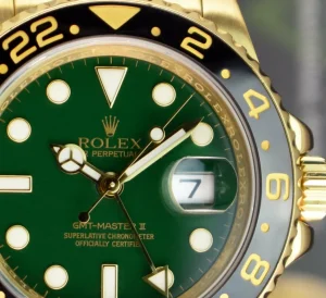 Pilots Professional Watches | Sant Blanc ROLEX Mens 18kt Yellow Gold GMT Master II Green Dial Model 116718