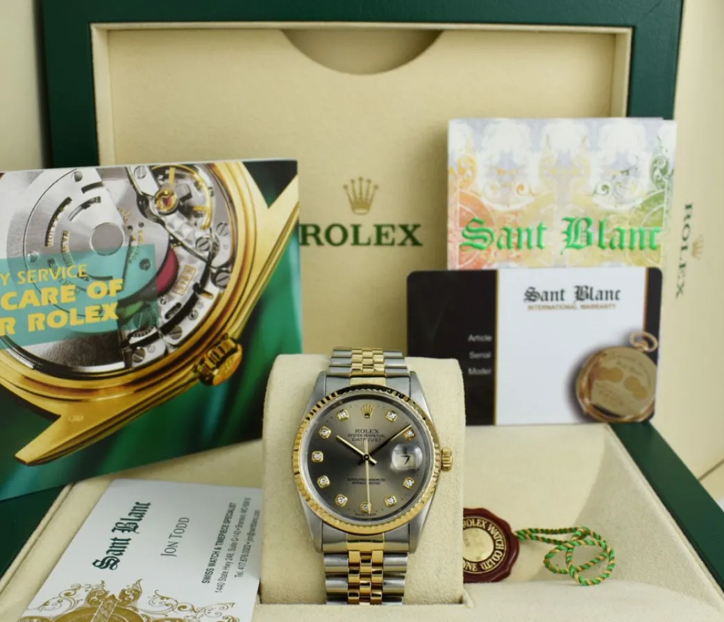 rolex_mens_mm_kt_gold__st_0.webp Men's Watches | Dress Watches | Sant Blanc ROLEX Mens 36mm 18kt Gold & Stainless Steel DateJust Rhodium Diamond Dial Model 16233
