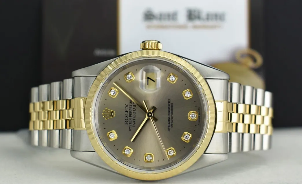 rolex_mens_mm_kt_gold__st_3.webp Men's Watches | Dress Watches | Sant Blanc ROLEX Mens 36mm 18kt Gold & Stainless Steel DateJust Rhodium Diamond Dial Model 16233