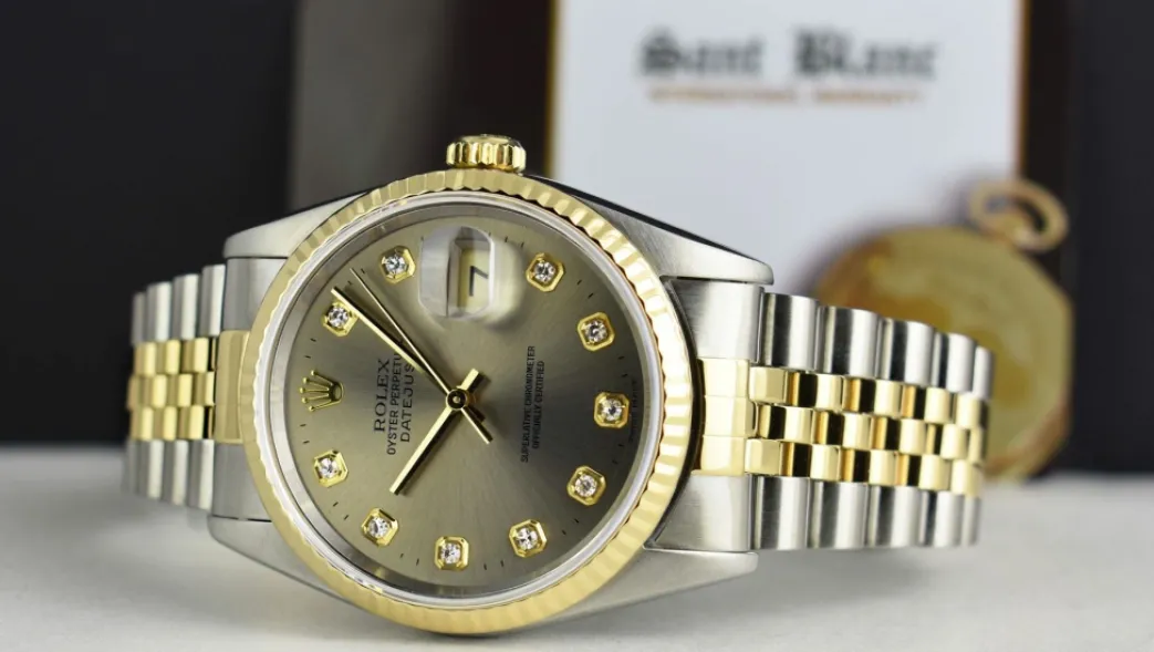 rolex_mens_mm_kt_gold__st_4.webp Men's Watches | Dress Watches | Sant Blanc ROLEX Mens 36mm 18kt Gold & Stainless Steel DateJust Rhodium Diamond Dial Model 16233