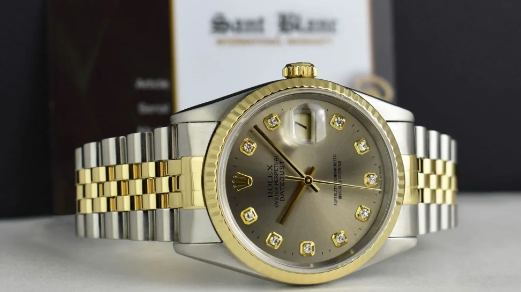 rolex_mens_mm_kt_gold__st_5.webp Men's Watches | Dress Watches | Sant Blanc ROLEX Mens 36mm 18kt Gold & Stainless Steel DateJust Rhodium Diamond Dial Model 16233