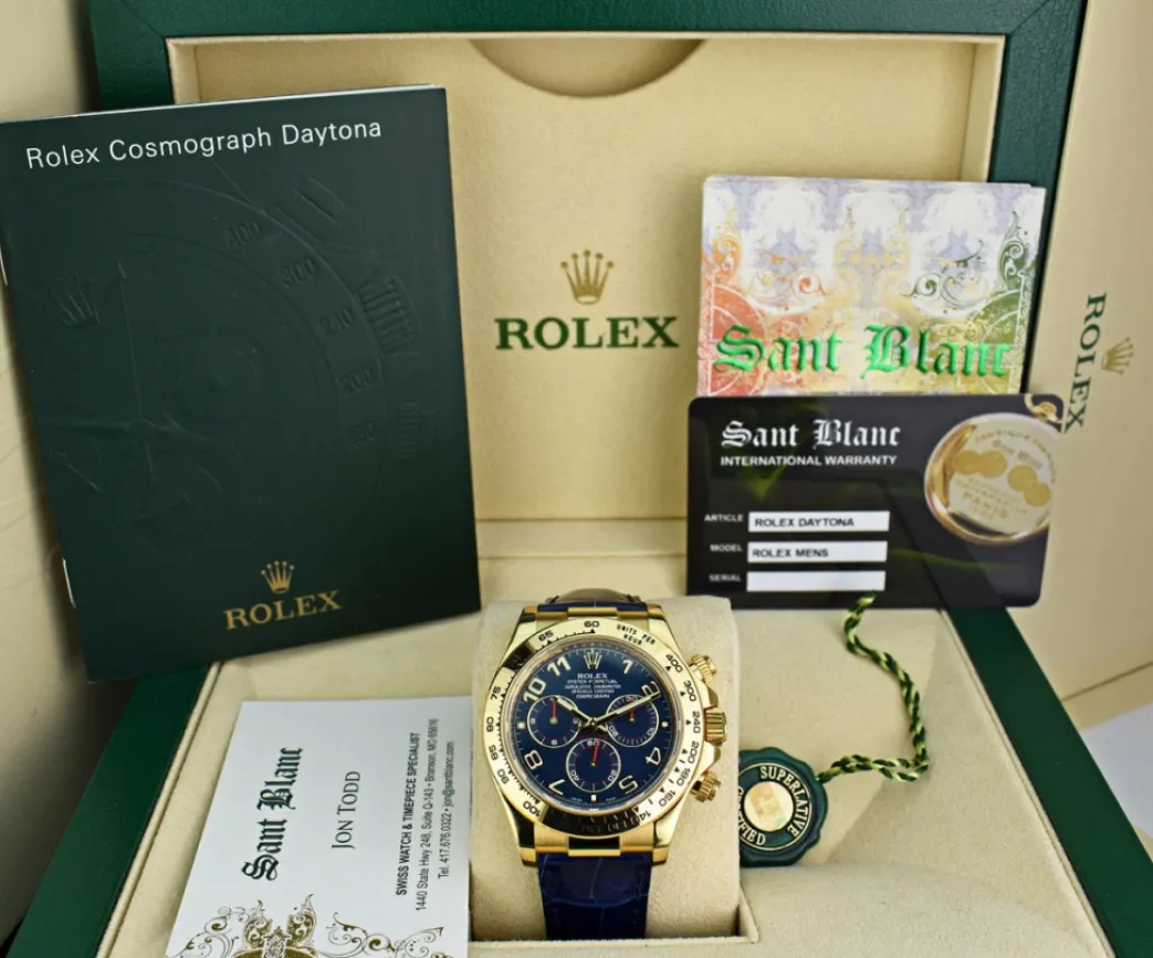 rolex_mens_mm_kt_gold_day_0-2.webp Sports Watches | Racing Professional Watches | Sant Blanc ROLEX Mens 40mm 18kt Gold Daytona Blue Arabic Dial Blue Strap Model 116518