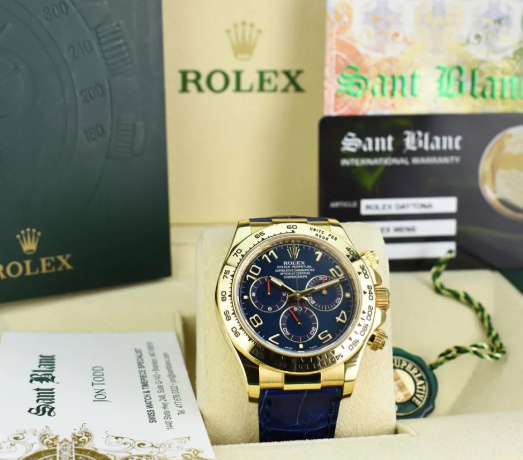 rolex_mens_mm_kt_gold_day_1-2.webp Sports Watches | Racing Professional Watches | Sant Blanc ROLEX Mens 40mm 18kt Gold Daytona Blue Arabic Dial Blue Strap Model 116518