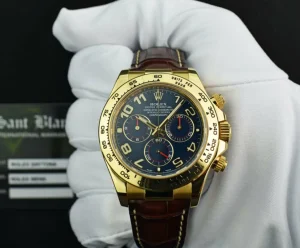 Sports Watches | Racing Professional Watches | Sant Blanc ROLEX Mens 40mm 18kt Gold Daytona Blue Arabic Dial Brown Strap Model 116518