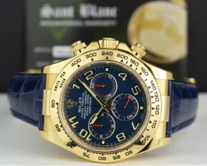 Sports Watches | Racing Professional Watches | Sant Blanc ROLEX Mens 40mm 18kt Gold Daytona Blue Arabic Dial Blue Strap Model 116518