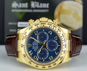 Sports Watches | Racing Professional Watches | Sant Blanc ROLEX Mens 40mm 18kt Gold Daytona Blue Arabic Dial Brown Strap Model 116518